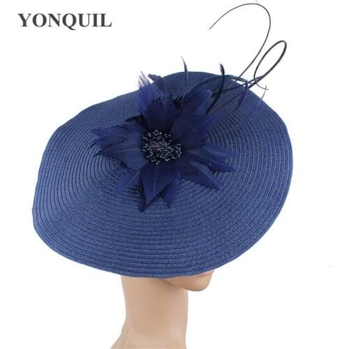 New Navy Blue Vintage Millinery Hats Feather Flower Church Fascinators Headbands Hair Accessories Wedding Event Floral Headwear