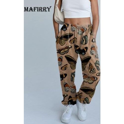 Women Loose Butterfly Printing Casual Trousers Spring Autumn Pocket Elastic Waist Ladies Pants Elegant Streetwear Dropshipping