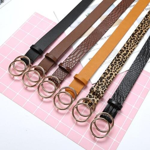 Women Belt Fashion Leather Waist Belt Double Ring Circle Buckle Design Adjustable Waist Strap for Lady Dresses Jeans Accessory