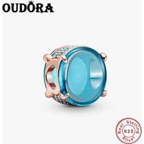 925 Sterling Silver Blue Oval Cabochon Charm Fit Original Pandora Charms Bracelet Beads 925 Silver Jewelry DIY Berloque Making