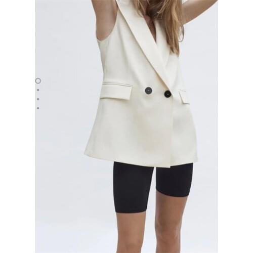 ZXQJ 2021 Women Fashion Bouble Breasted Office Ladies Vest Jacket Vintage Sleeveless Waist Coat Pockets Outwear Chic Tops