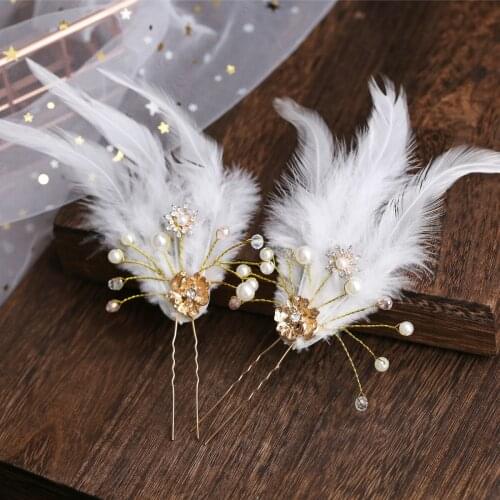 2 Pcs Bride Hairpin Feather Baroque Golden color Hairpins Pearl Jewelry Wedding Hair Accessories Girls Hair Ornaments