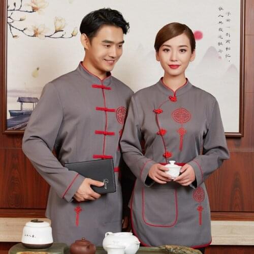 2020 Chinese Restaurant Waitress Top+Apron Overalls Hotel Waiter Long Sleeve Work Clothing Hotpot Shop Workwear Wholesales