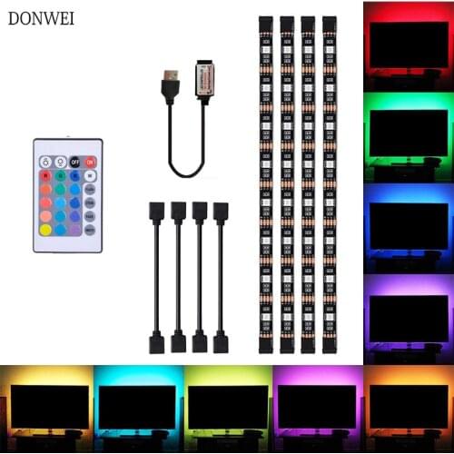 4 pcs 50CM 5050 RGB LED Strip USB Powered DC 5V Flexible 15 LED Strips Light for TV Background Lighting with Remote Control