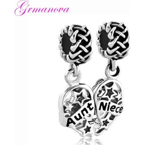 Heart-shaped charm beads aunt and niece pendant big hole new jewelry making bracelet Fit Pandora Bracelet Womens DIY Jewelry