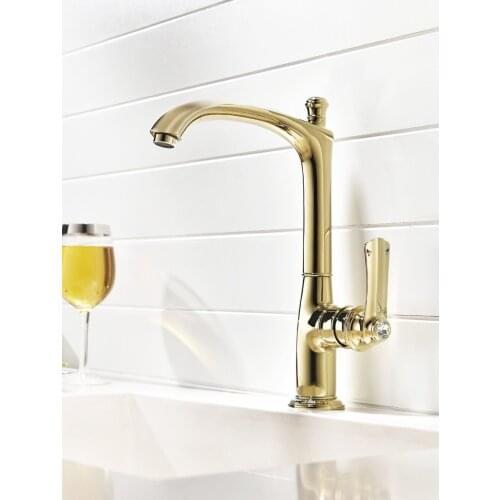 Free ship gold Color Kitchen Faucet with Crystal Single Lever Single Hole Mixer Tap deck mounted Classic Luxury tap