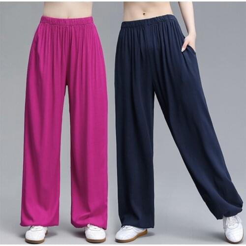 Tai Chi Pants Men Women Spring Autumn Summer Stretch Silk Bloomers Solid Color Loose Trousers Martial Arts Yoga Kung Fu Pants