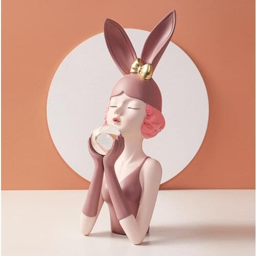 European Hand Hold Feng Shui Ball Bunny Girl Resin Decoration Cabinet Table Ornaments Home Livingroom Desktop Sculpture Crafts