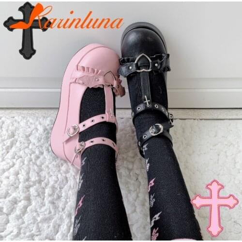 Brand Design INS Hot Sale Gothic Style Lolita Girl Mary Janes Women Shoes Flat Platform Wedges Heel Ankle Straps Large Size 43