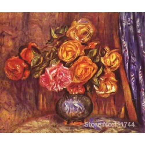 Flowers paintings of Pierre Auguste Renoir Roses Before the Blue Curtain Hand painted canvas art High quality