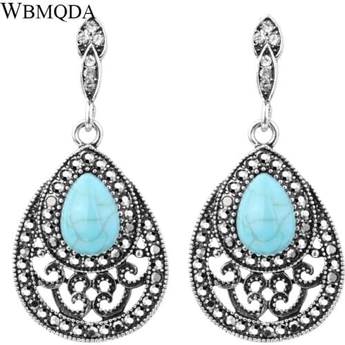 Kinel Turkish Women Hollow Flower Earring Water Drop Green Stone Tibetan Silver Bohemia Bridal Drop Earring Vintage Jewelry