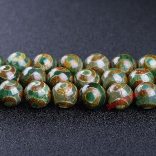 China Tibetan Dzi Eyes Beads Natural Stone Eye Pattern Green Tibetan Agates Round Loose Beads 8 10 12MM Pick Size For Jewelry