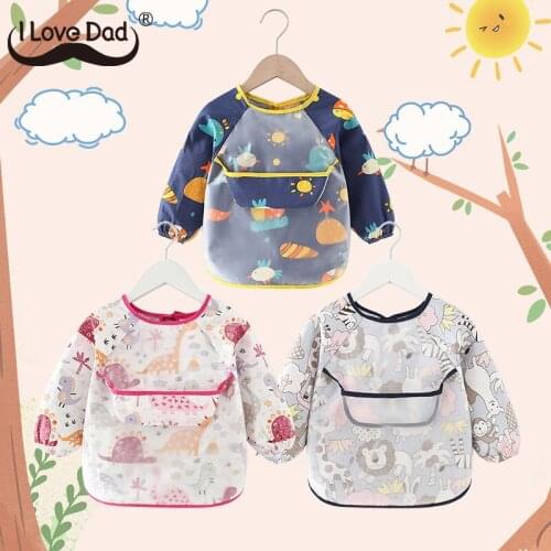Cute Baby Bibs Cartoon Printed Waterproof Drawing Children Apron Long Sleeve Kids Girl Boy Bibs Baby Feeding Stuff