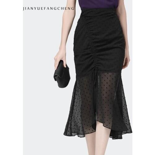 Fashion Summer Women Black Chiffon Skirt Spliced See Through Mesh Long Pencil Skirts Drawstring Design Elegant Office Skirts 4XL