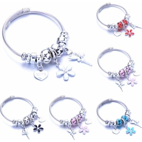 Fashion Crystal Heart Charms Stainless Steel Bracelets Bangles Silver Color Petal love fairy Pendant Bracelet Jewelry for Women