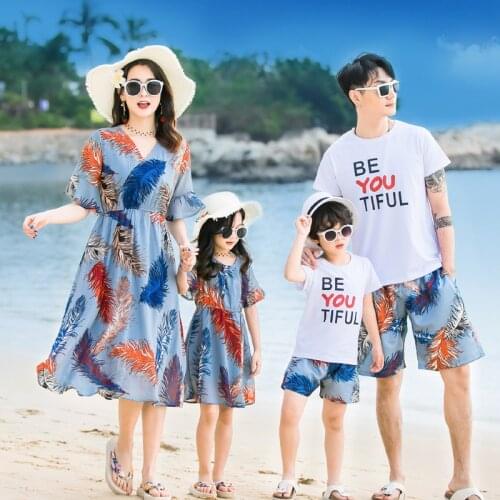 Fashion Summer Family Matching Outfits White V Neck T - Shirt With Stripes Shorts/Skirts Mother Dad Son Daughter Clothes Sets