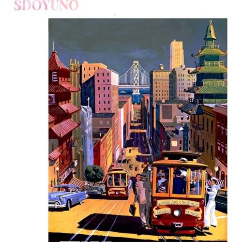 SDOYUNO city landscape oil painting by numbers for adults frame DIY pictures by numbers HandPaint Home Decor Gift Canvas Drawing