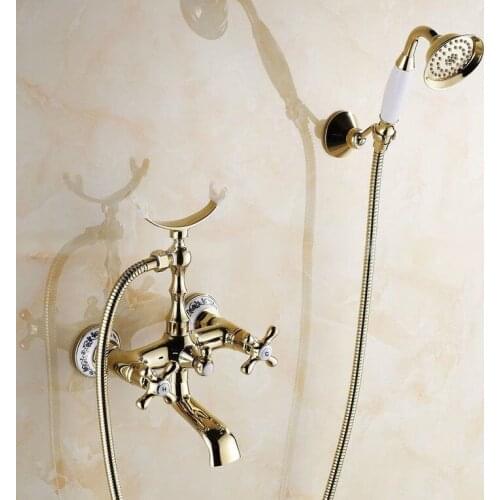 Wall Mount Golden Color Brass Bathroom Tub Faucet Set with 150CM Handheld Shower Spray Head Mixer Tap 2tf141
