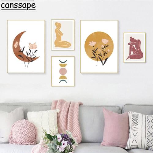Boho Moon Canvas Painting Abstract Yoga Girl Wall Art Poster Flower Print Sun Geometry Posters Wall Pictures Living Room Decor