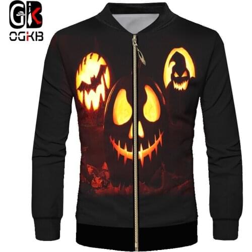 OGKB Mens 3D Printed Flame Funny Pumpkin Pattern Zip Jacket Large Size Leisure Man Horrible Halloween Zipper Top 6XL