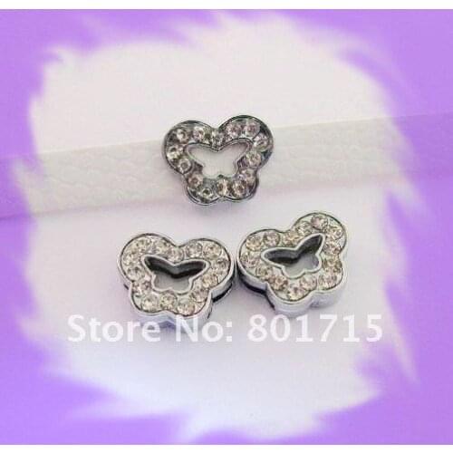Wholesale 100pcs Full Rhinestone Butterfly 8mm slide Charms can through 8mm Belt Wristband Pet Collar