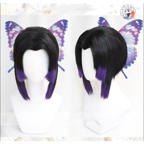 Anime Demon Slayer Kimetsu no Yaiba Kochou Shinobu Cosplay Wig Heat Resistant Synthetic Wigs + Wig Cap + Butterfly Hairpin