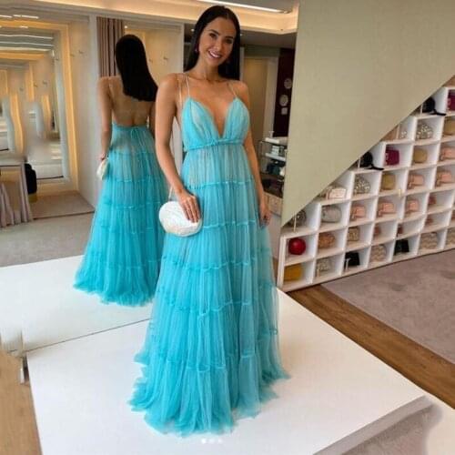 Smileven Blue A Line Prom Dresses 2021 Straps V Neck Evening Dresses Longo Floor Length Formal Party Gown Custom Made
