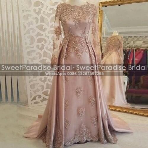 Pink Appliques Beads Evening Dresses With Sheer Long Sleeves A Line Overskirt Women Maxi Dress Party Formal Gown