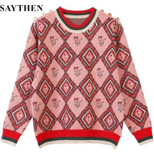 Saythen 2021 Sweater Women New Loose Retro Rhombus Jacquard Plaid Round Neck Fashion Autumn And Winter Knitted Pullover Tops