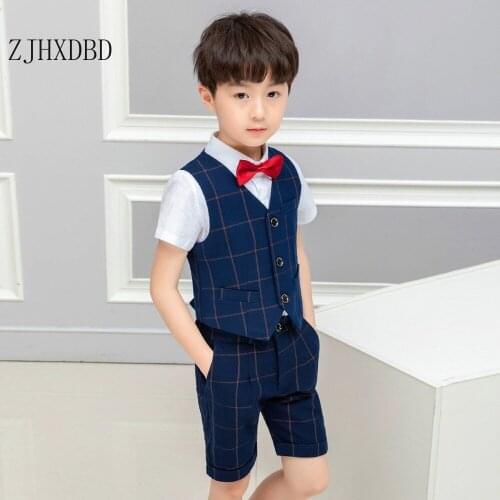 Piano Costume Blazers Suits 2020 Blue Spring Infant Boys Suits Clothes Vest Shirt Pants 3pcs Wedding Formal Party Plaid Baby Kid