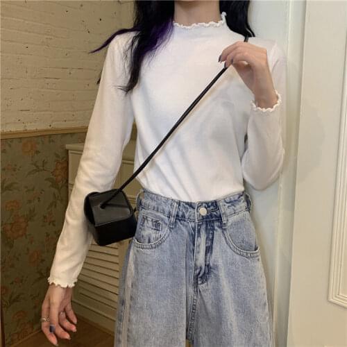 Woman Sweaters Womens Black High Collar Long-Sleeved Sweater Top With Wooden Ear Fall Winter Inner Wear