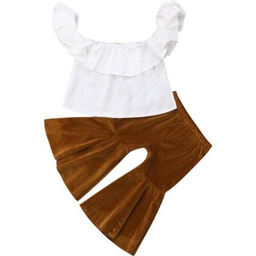 1-5Y Summer Fashion Infant Baby Girls 2PCS Sets Short Sleeve Ruffles Off Shoulder White T-Shirts+Velvet Flare Pants
