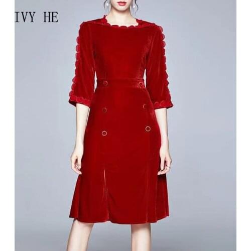 IVY HE High Quality Autumn Dress Woman Clothing Elegant Embroidered Lace Velvet Button Shape Midi Long Vintage Party Dresses ZA