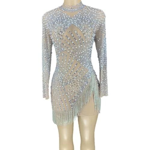 Luxury Evening Prom Rhinestone Tassel Perspective Dress Women Stretch Party Crystal Fringes Mini Dress Latin Dance Stage Costume