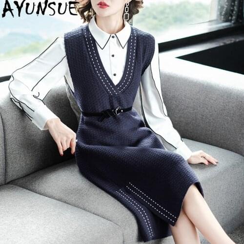 Two Piece Set Women Clothes 2020 Spring Autumn Knitted Dress for Women Vintage Office White Shirt Tops Ensemble Femme MY2428