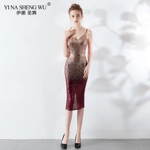 New Evening Gown Knee Length Sequin Backless Straps V-neck Vestito Cerimonia Donna Dress Women Sexy Sling Sequin Party Dress