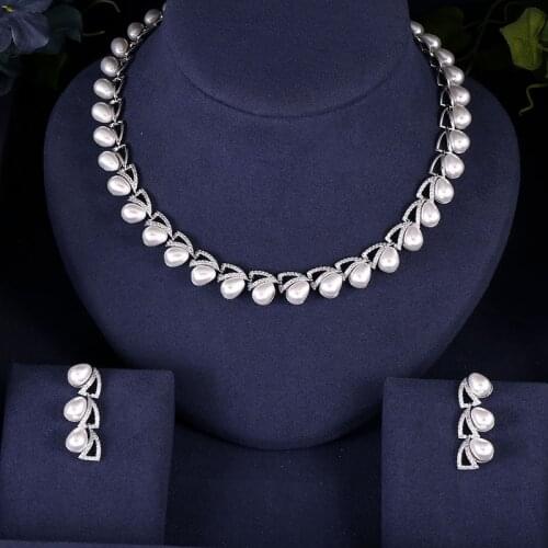 Accking Fashion Luxury Elegant Pearl Bridal cube zircon necklace earring for women Wedding party Jewelry Sets
