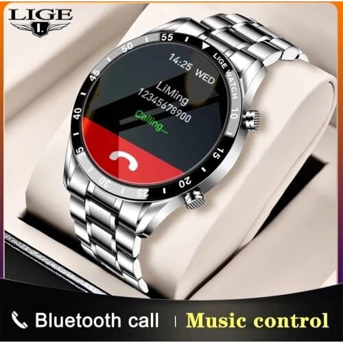 LIGE New Luxury brand mens Bluetooth Call Watch Steel band Fitness Watch Heart Rate Blood Pressure Activity Tracker Smart Watch