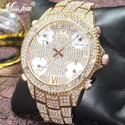 Hip Hop MISSFOX Bling Rose Gold Full Diamond Mens Iced Top Brand Luxury Stainless Steel Quartz Clock Mens Watch Wristwatches