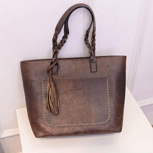 Elegant Vintage Tassel Handbag Women Brown Leather Shoulder Bag Ladies Retro Tote Large PU Handbags Fashion Big Black Bags
