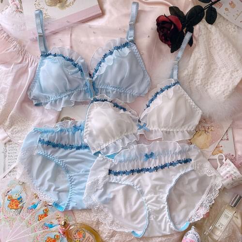 Japanese Lolita Womens Underwear Set Fairy Small Fresh Sweet Cute Lace Petal Wire Free Comfortable Bra Set Bralette Briefst