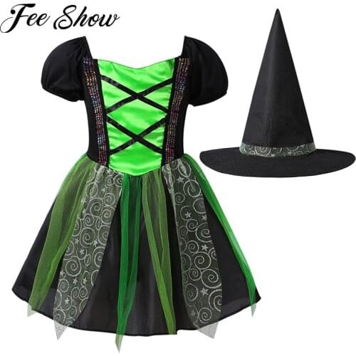 Halloween costume Kids Witch Cosplay Outfit Shiny Gilttering Stars Square Neck Short Sleeves Tutu Mesh Dress with Hat Set