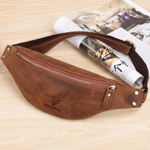 Men Fanny Pack Crazy Horse Leather Waist Bag Pack Male Fashion Shoulder Belt Bag Travel Crossbody Chest Bags Phone Pouch Bags