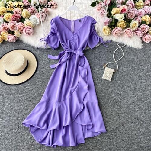 Maxi Dresses for Women Korean Vintage Y2k Dress Vestido De Mujer Ruffle V Neck Short Sleeve Flounced Edge Clothing Women 2021