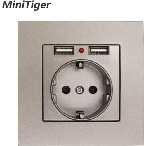 MiniTiger Dual USB Charging Port 5V 2.1A Wall Charger Adapter LED Indicator 16A EU Socket Power Outlet PC Panel