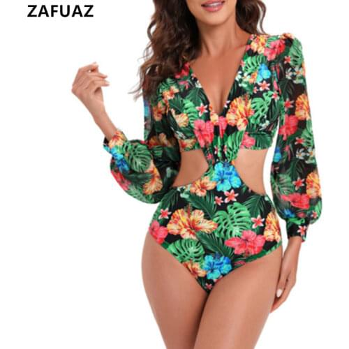 2020 New Rashguard Long Sleeve Swimsuit One Piece Print Surf Swimwear Women Deep V Neck Bodysuit Swim Suits backless Monokini XL