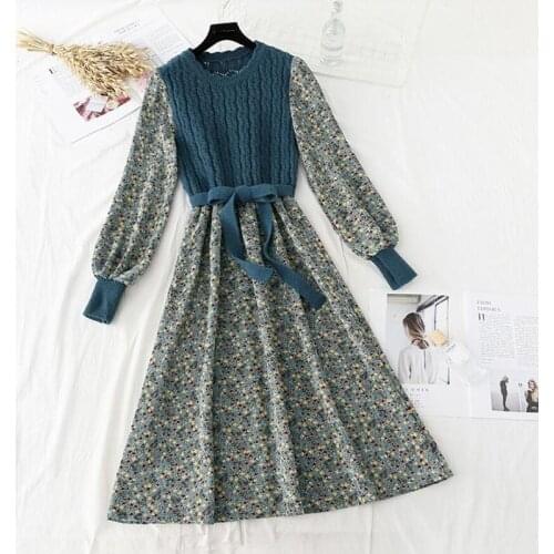 Autumn Women Print Floral Dress 2020 New Korean Patchwork Long Sleeve O Neck Elegant Slim Sweater Dress Ladies Bandage Dresses