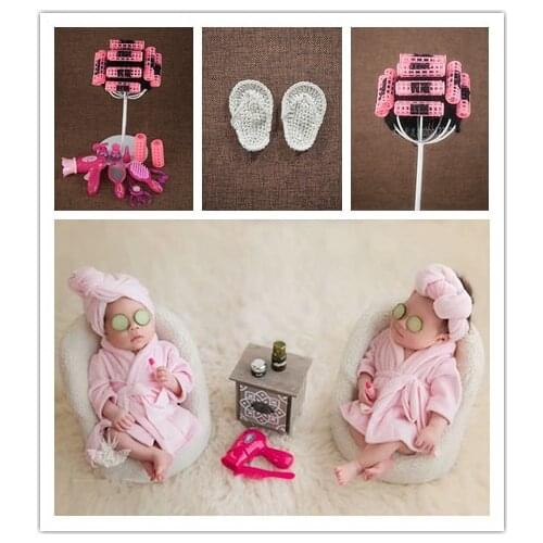 Perm rods cap+electric hair drier+comb+mirror+lipstick+slipper set tea table newborn photography props