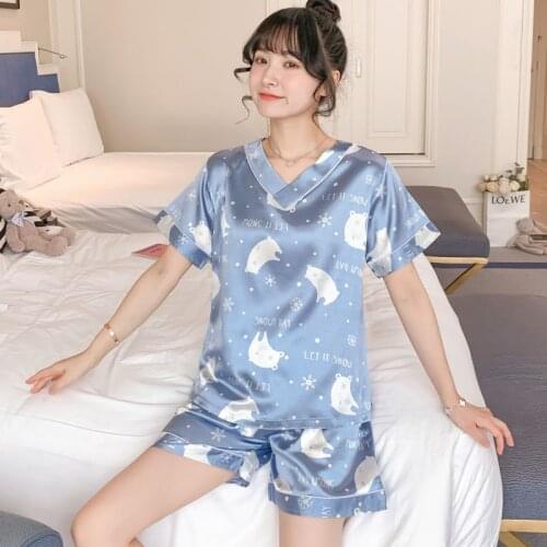 Korean Style Pajamas Women Summer Short-sleeved 2pcs Suit Imitation Silk Sexy Loose Large Size Student Sweet Home Service Suit