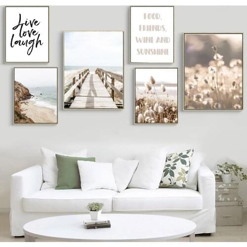 Beach Wave Bridge Landscape Canvas Art Print Flower Reed Grass Painting Nordic Poster Quotes Wall Art Pictures Living Room Decor